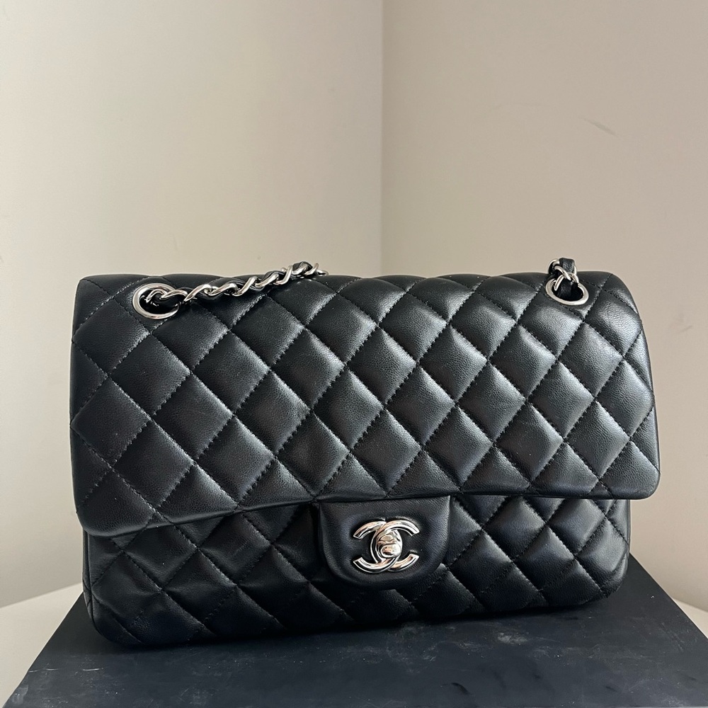 CHANEL Medium Double Flap Lambskin Black Quilted Shoulder Bag